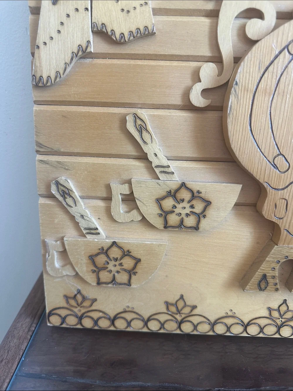 Vintage 1992 Russian Wooden Wall Plaque Panel - Samovar Tea Culture Folk Art